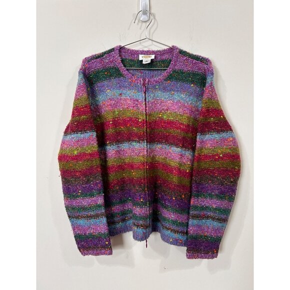 TALBOTS Womens XL VTG Two-Way Zip Cardigan Sweater Multicolor Striped Wool Blend - Picture 1 of 12